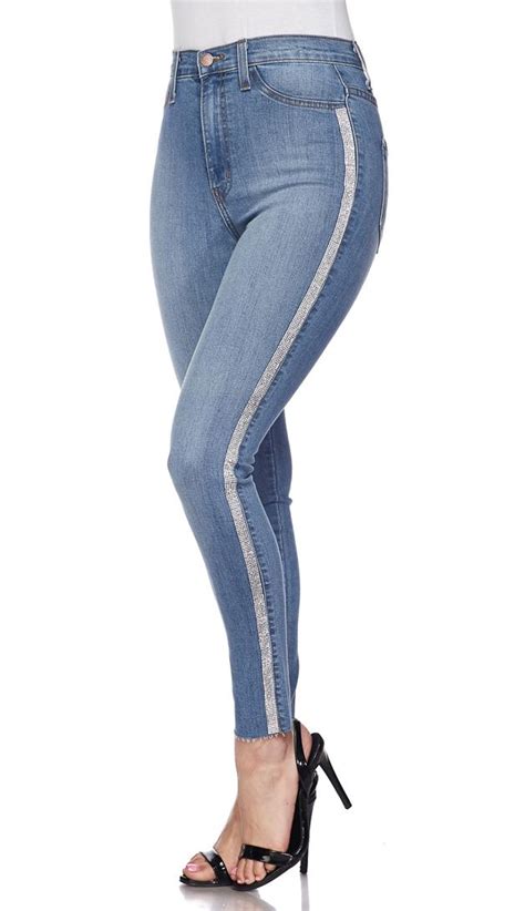 Rhinestone High Waisted Denim Skinny Jeans Side Stripe