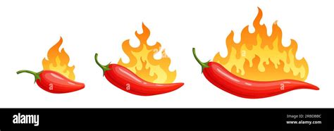 Cartoon Hot Peppers Spicy Pepper With Fire Flames And Flames Red