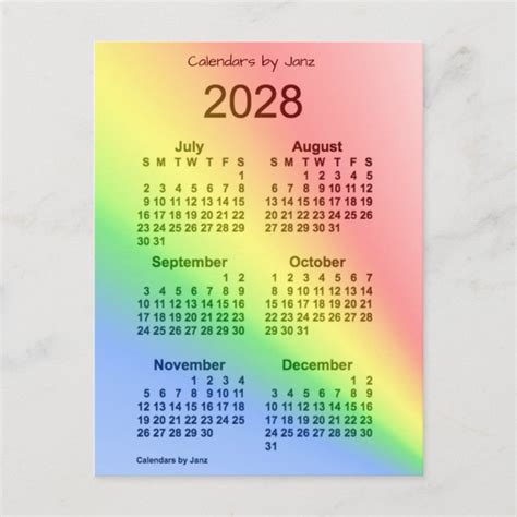 2028 Rainbow 6 Month Mini Calendar By Janz Postcard Zazzle