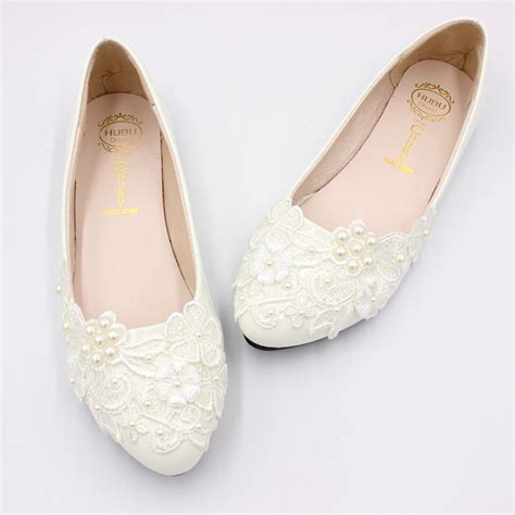 White Flats Shoes Woman Ladies Party Dinner White Lace With Ivory