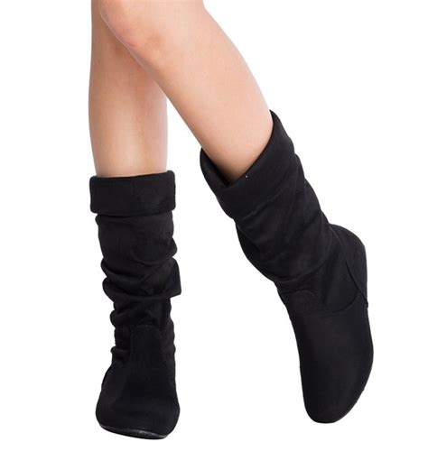 womens low heel mid calf slouchy fold over suede slip on casual boots black suede cg187id3krc