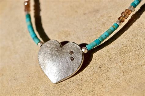 Turquoise Necklace With Silver Heart And Diamonds One Love