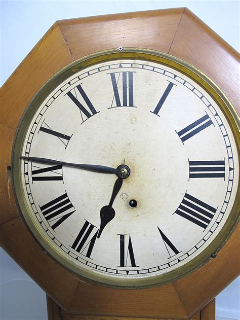 Antique C 1901 Ansonia 8 Inch Drop Octagon Schoolhouse Oak Wood Wall Clock Yqz Ebay