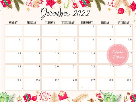 Editable December 2022 Calendar Printable Calendar Etsy Australia