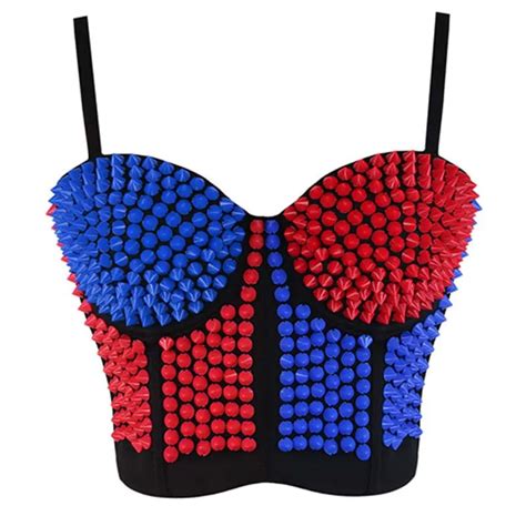 Blue Red Plastic Rivet Steampunk Gothic Bralette Push Up Bras For Women Dance Club Party