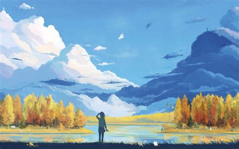 Landscape Clouds Mountains Anime Forest Artwork