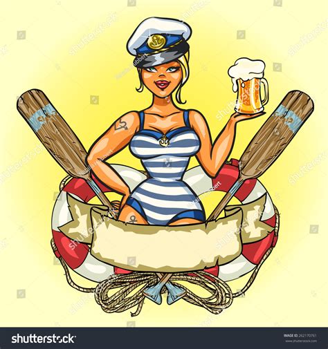 Sexy Pin Up Sailor Girl With Cold Beer Stock Vector Illustration 262170761 Shutterstock