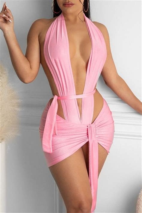 fashion sexy solid hollowed out backless v neck sleeveless two pieces highfashionwears pink