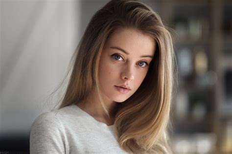 looking at viewer face portrait women maxim guselnikov blonde blue eyes 1080p maria