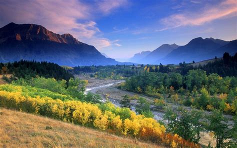 Nature Landscape River Fall Mountain Mist Sunset Forest Clouds Yellow Blue Green