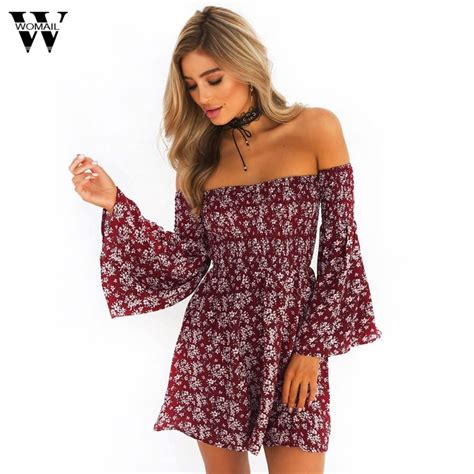 Womail Floral Printed Sundress Summer Sexy Polyester Flare Sleeve Dress