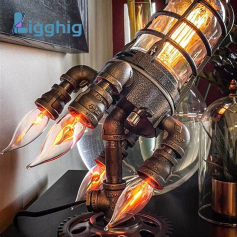 Vintage Steampunk Rocket Table Lamp Flame Night Light For Bar Store Desk Decor Lighting Fixtures