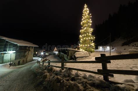 Snowy Winter Scene Of A Cabin In Distance At Night Stock Image Image Of Cold Cottage 37242067