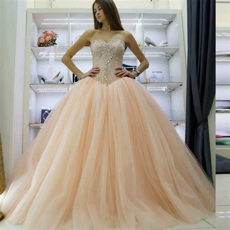 Wedding Dress Sweetheart Peach Color Gown Princess Lace Up Back Crystal Puffy Beadings Ball