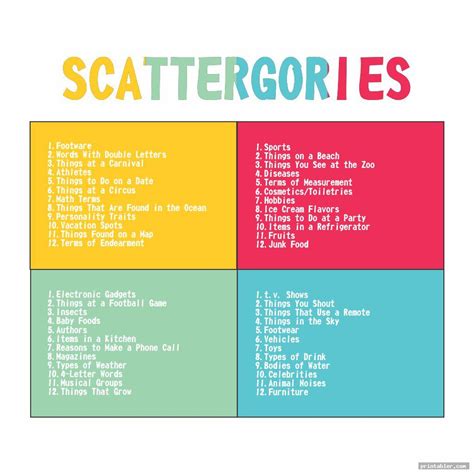 Scattergories List 1 16 Printable