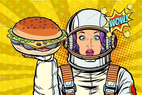 woman astronaut eats in a spaceship retro vector illustration pop art astronaut illustration