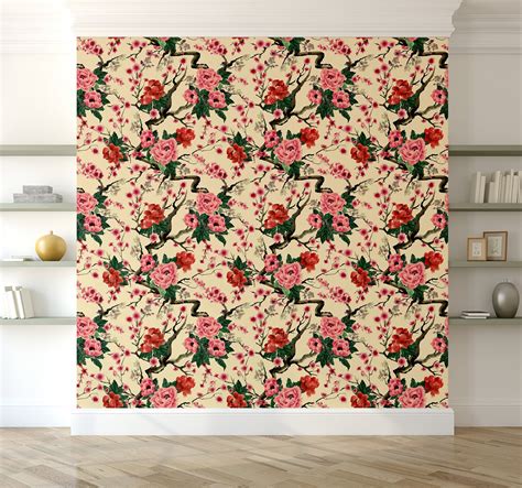 Yellow Chinese Wallpaper With Blooming Branches Self Etsy
