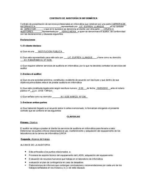 Contrato De Auditoría En Informática Contralor Auditoría