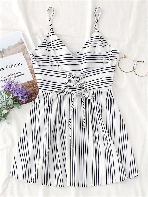 [35 Off] 2019 Lace Up Slip Stripes Mini Dress In White Zaful