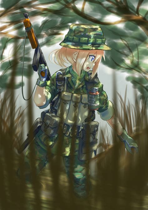 Women With Weapons Blonde Blue Eyes Soldier Anime Anime Girls