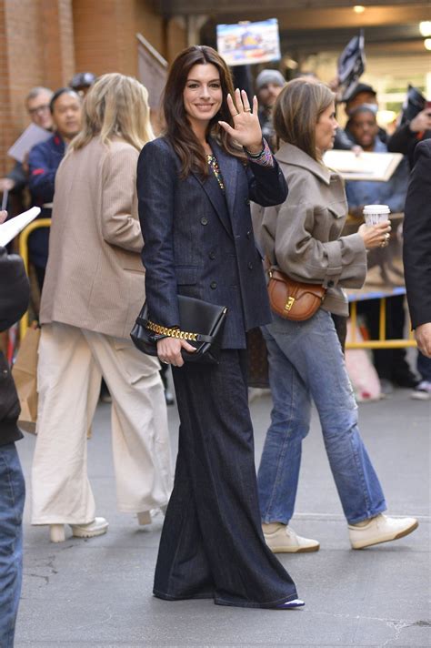 Anne Hathaway In A Denim Pantsuit New York 10122022 Celebmafia