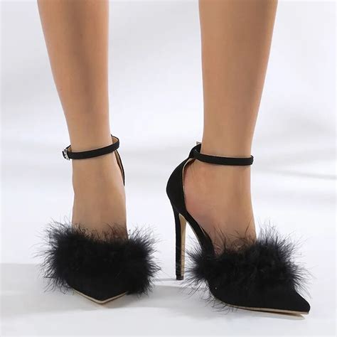 New Women Sandals Fluffy Peep Toe Stilettos High Heels Pumps Fur