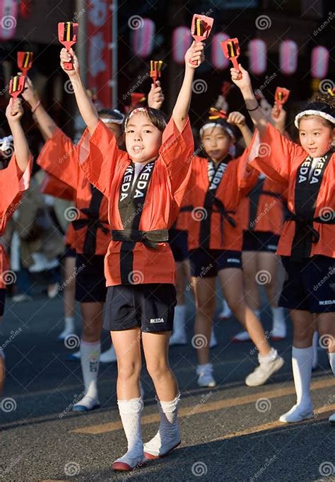 Japanese Festival Dancers In Orange Happi Kimono Editorial Photography