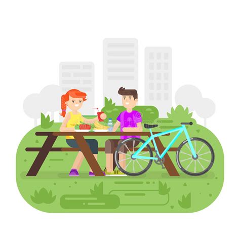 Vector Flat Style Illustration Of Young Happy Couple Having Picnic