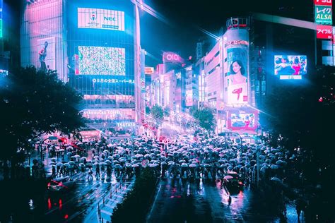 Hd Wallpaper People On Street Neon Rain Japan Night Urban Tokyo