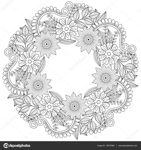 Download nu deze bloemen krans kleurplaat vectorillustratie. Floral doodles krans in zentangle stijl. Vector cirkel ...