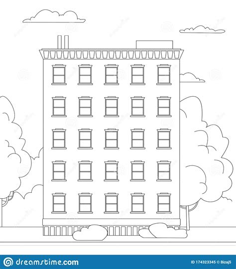Contour Multi Storey Apartment Building For A Coloring Book Page