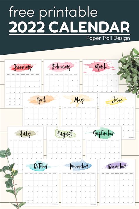 2022 Printable Calendar Watercolor Paper Trail Design