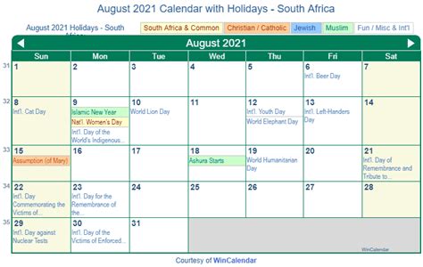 Print Friendly August 2021 South Africa Calendar For Printing