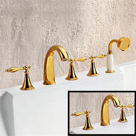 Deck Mounted 3pc 5pc Widespread Bathroom Tub Sink Faucet Golden Brass