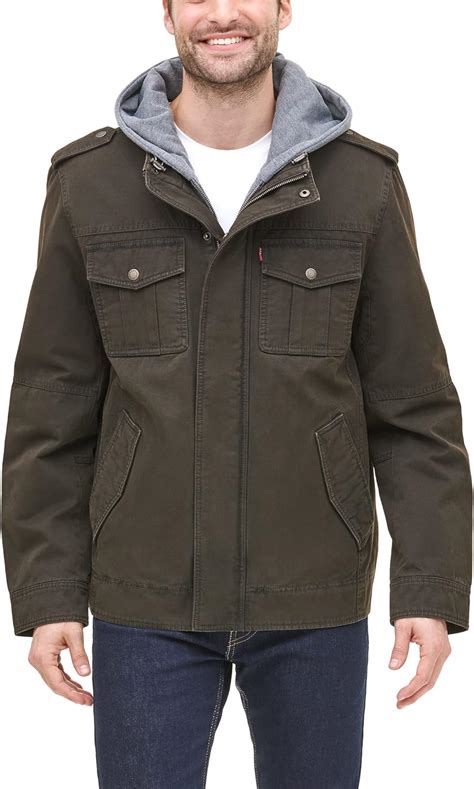 Levis Mens Washed Cotton Hooded Military Jacket Regular And Big