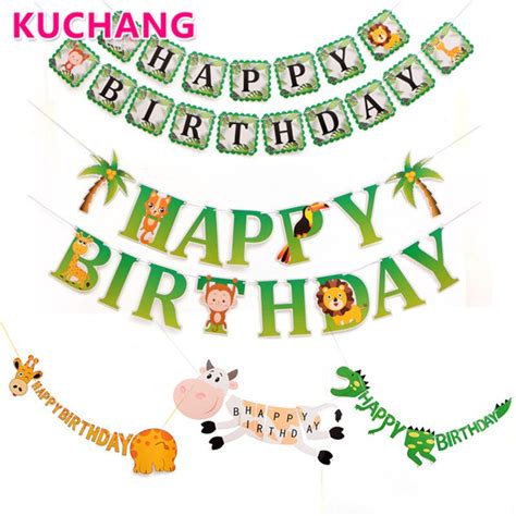 1set Happy Birthday Supplies Kids Banner Safari Jungle Party Dinosaur
