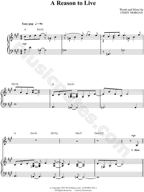 Cindy Morgan "A Reason To Live" Sheet Music in A Major - Download