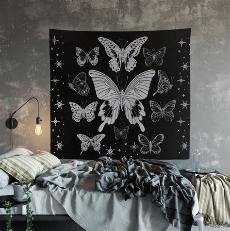 vintage butterfly tapestry wall hanging black and white etsy wall tapestry bedroom room