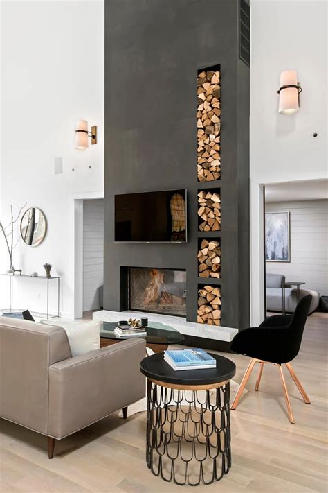 Gray And White Modern Living Room With Firewood Hgtv