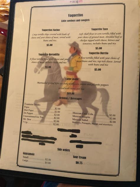 Menu at El Vaquero Mexican Restaurant, Cody, Big Horn Ave