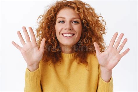Attractive Happy Cheerful Smiling Redhead Woman Curly Hair Raising