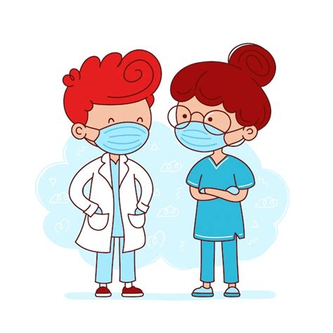 Premium Vector Cute Doctor And Nurse With Medical Masks Cartoon