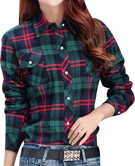 Womens Fleece Lined Plaid Flannel Shirt Winter Casual Button Up Shirts