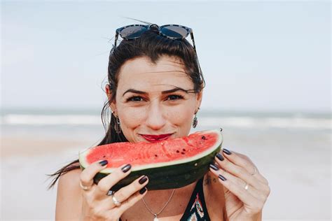 Woman Eating Watermelon Beach Premium Photo Rawpixel