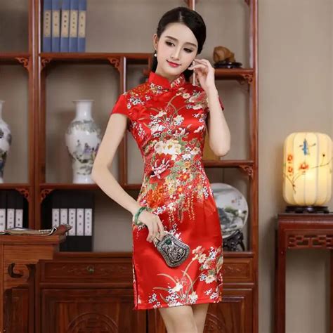 Cheongsam Vintage Chinese Traditional Dress Women Qipao Polyester Red Silk Short Sexy 2016