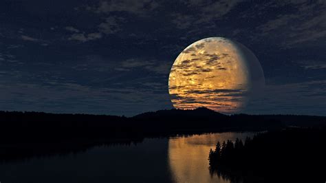 1920x1080 Обои ночь небо луна деревья река отражение