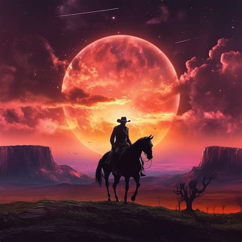 Premium Ai Image Cowboy Riding Horse Against Sunset Background Sky