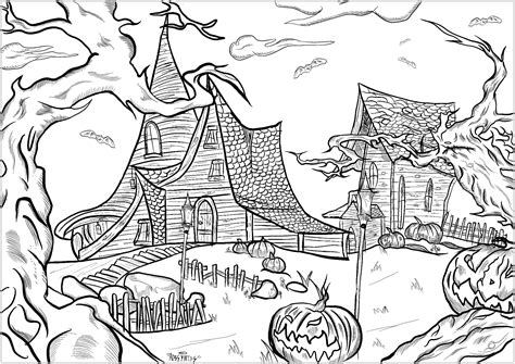 Two Haunted Houses Halloween Adult Coloring Pages