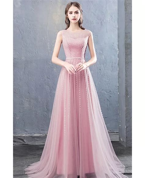 Pink Tulle Sequined Flowy Prom Dress With Illusion Neckline Dm69095