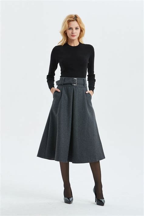 Gray Skirt Winter Warm Wool Skirt Womens Skirts With Belt Etsy
